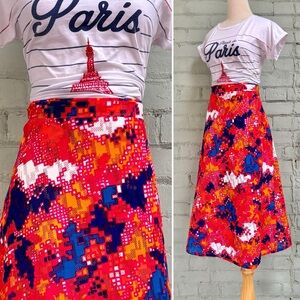 Vintage Print Wrap Midi Skirt
